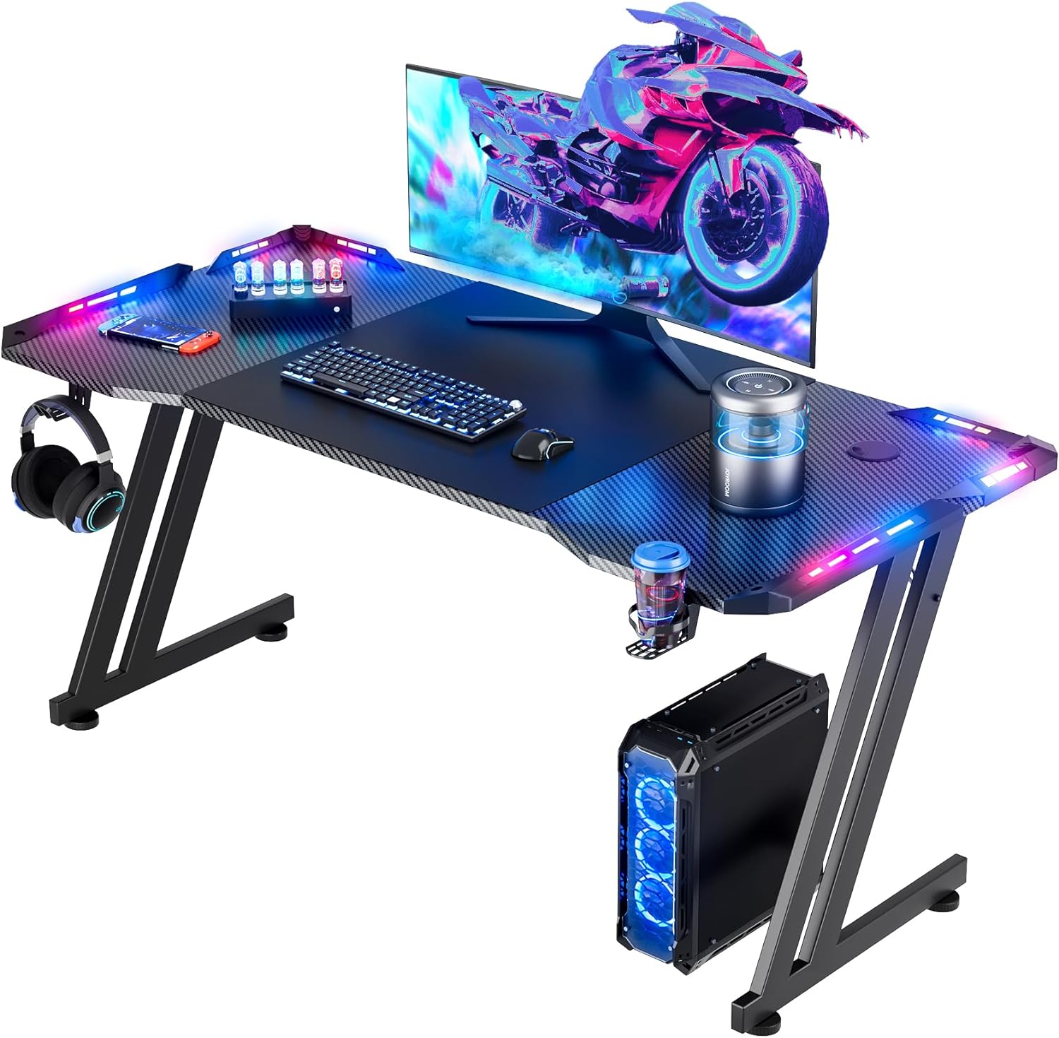 Pc Gaming Used - 47インチ/55インチ/63インチ ゲーミングデスク LEDライト付き、カーボンファイバー表面ゲーミングテーブル、大型コンピューターデスク、人間工学に基づいたホームオフィスデスク、Z型PCゲーマーワークステーション、カップホルダーとヘッドホンフック付き、ブラック