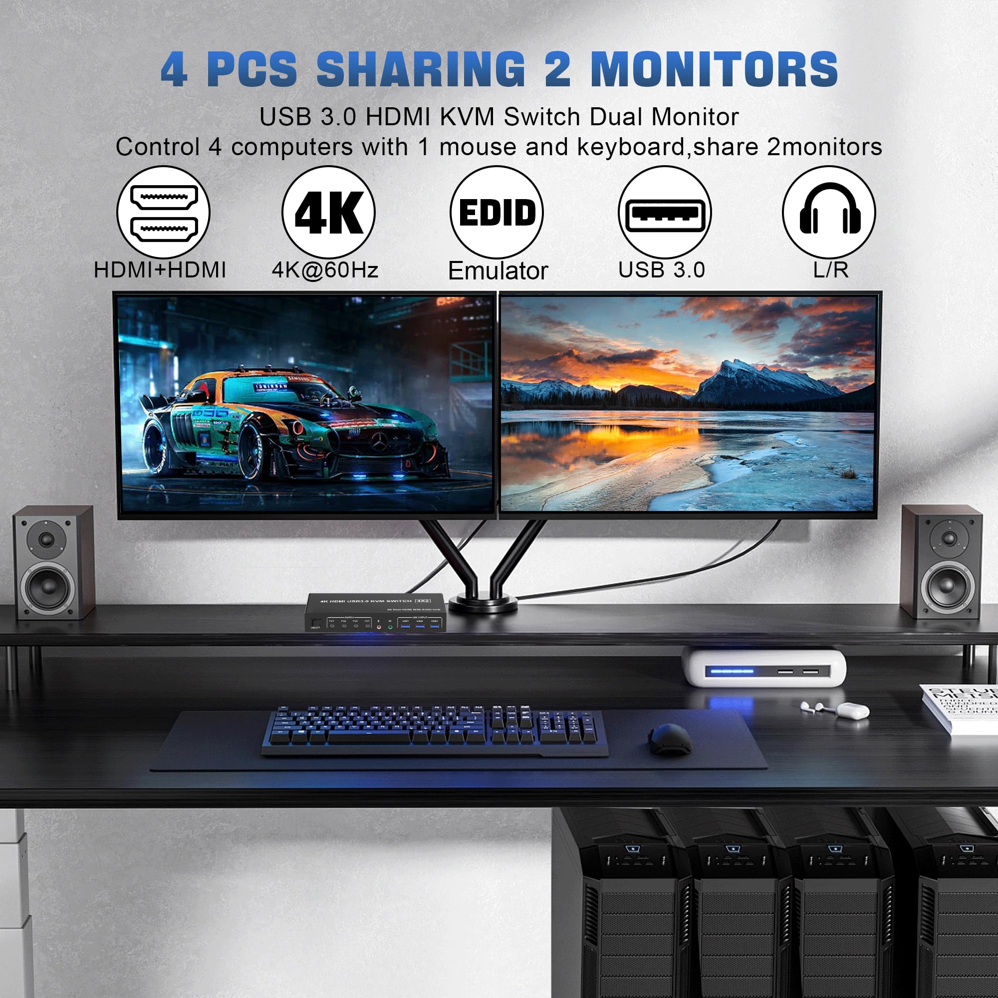 4K USB 3.0 KVM スイッチ HDMI デュアル  - Pc Gaming Emulator のレビューと価格